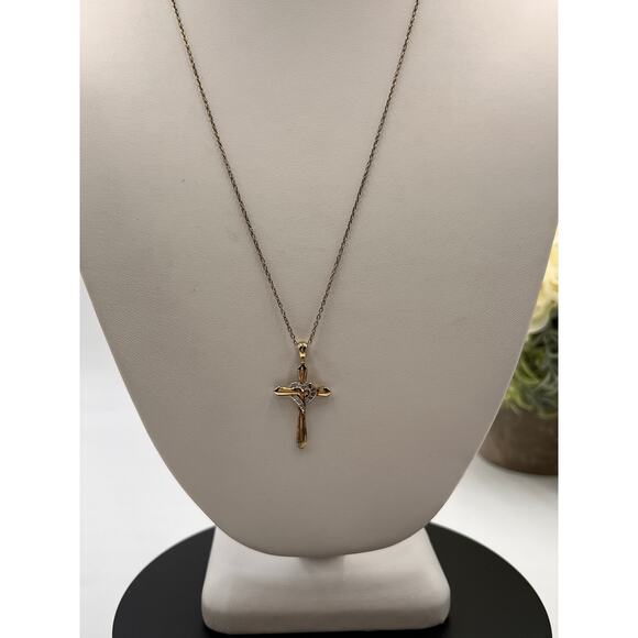 RJ Sterling Silver Vermeil Diamond Heart Cross Pendant Cable Chain Necklace - Picture 7 of 7